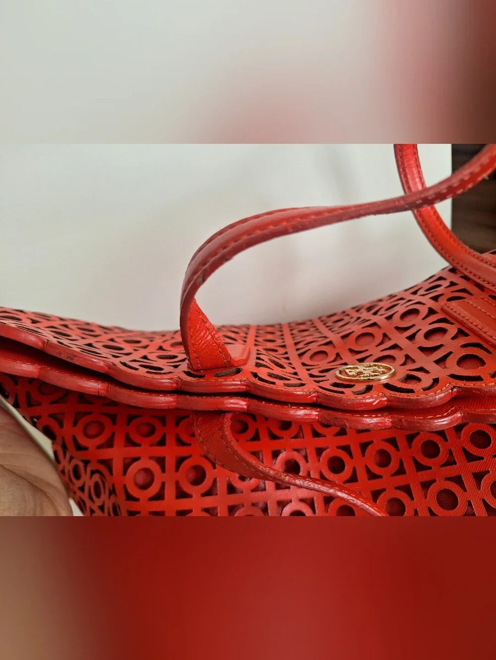 Tory Burch Coral Red Laser Cut Tote EUC